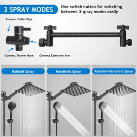 Shower Head Combo, 8 Inch High Pressure Rain with 11 Inch Adjustable Extension Arm and 5 Settings Handheld, Powerful Spray Against Low Water Pressure- Matte Black