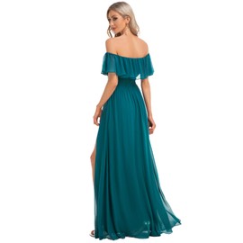 Ever-Pretty Women's Elegant Off The Shoulder Side Split High Waist Flowy Chiffon Maxi Bridesmaid Dress Teal US12