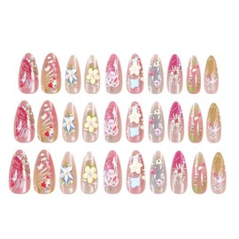 Almond Press on Nails Medium Fake Nails 3D Floral Aesthetics Fake Nails Pastel False Nails with Butterfly Flower Designs Painting Acrylic Nails Glossy Glue on Nails for Women Girls 30Pcs
