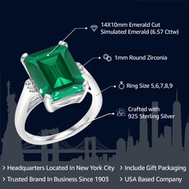Gem Stone King 6.57 Cttw Green Simulated Emerald Engagement Ring For Women In 925 Sterling Silver | Emerald Cut 14X10MM | Available In Size 5, 6, 7, 8, 9
