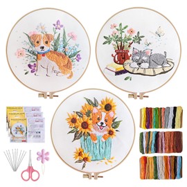 Realjoy 3 Sets Embroidery Kit,Cross Stitch Kits for Adults Beginners, Embroidery Kits Including Embroidery Fabric with 3 Dog Floral Pattern,Embroidery Hoop,Needle and Thread Kit,Instructions