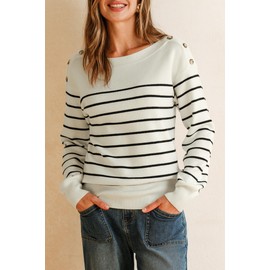 Arach&Cloz Womens Wool Blend Striped Boat Neck Button Early Fall Dressy Casual Tops Business Casual Dressy Teacher Fashion Outfits Clothes Clothing Cashmere Long Sleeve Sweaters 2025 Off White Black M