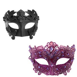 ILOVEMASKS Roman Warrior Matte Black & Brocade Lace Masquerade Couple Mask