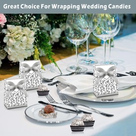 Chic2click 100PCS Wedding Candy Boxes, Silver Wedding Favour Boxes with Ribbon, Party Favour Boxes for Wedding Decoration Anniversary Birthday Bridal Shower