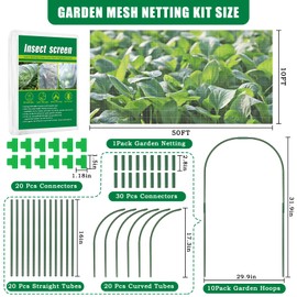 10 X 50 FT Garden Mesh Netting Kit Pest Barrier for Raised Beds, Fruit Tree Netting with 10 Sets Garden Hoops & 20 Clips for Cicadas Bird Insect, Blueberry Bush Netting Cover for Garden Protection