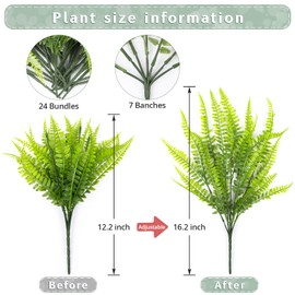 LUZOGA 24 Bundles Artificial Plants Fake Boston Fern Greenery Outdoor UV Resistant No Fade Faux Plastic Plants Garden Porch Window Box Decorating