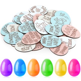 Arrowbash 30 Easter Egg Token Set Includes 30 Wooden Easter Token Fillers with Engraved Sayings and 30 Plastic Eggs Craft for Hunt Prize Basket Party Favors(Egg Shape,Cool Colors)