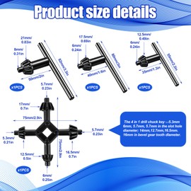 4PCS Drill Chuck Key Wrench Set, 3/8" 1/2" 5/8" and 4 in 1 Drills Press Chuck Keys Replacement, Carbon Steel Drills Bit Key for Electric Drill Clamping Tool of 10mm, 13mm, 16mm in Diameter