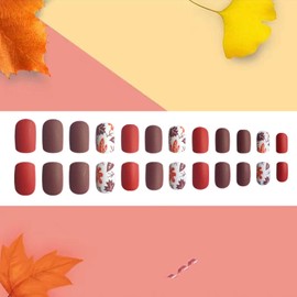 Maple Leaves Press on Nails Short Square Nails Fall Thanksgiving False Nails Red French Stick on Nails Charm Short Nails Full Cover Glossy Acrylic Nails Autumn Glue on Nails for Women Festival Nails