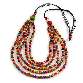 Avalaya Multicoloured Multistrand Layered Wood Bead with Cotton Cord Necklace - 90cm Max length- Adjustable