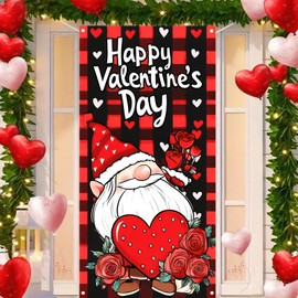 BlissYard Valentine's Day Door Cover 71x35 Inch Gnome Door Banner Valentines Gnome Door Hanging Banner Backdrop Red Heart and Roses Design Romantic Plaid Outdoor Party Wedding Anniversary Supplies
