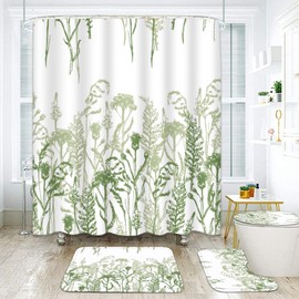 Boewywh 4 Pcs Bathroom Sets with Shower Curtain and Rugs, Sage Green Floral Retro Fern Plant Leaf, Bath Decor Wildflower Botanical Vintage Flower Shower Curtain Sets for Bathroom Decor with 12 Hooks