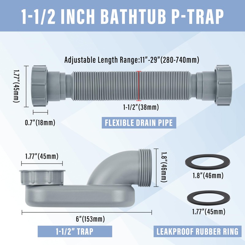 Low Profile Shower Drain 1 1/2 Flexible P Trap Kit