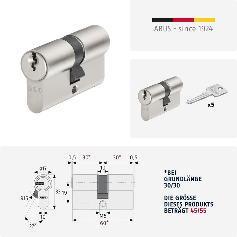 ABUS E30NP Profile Cylinder Lock , silver, 18314