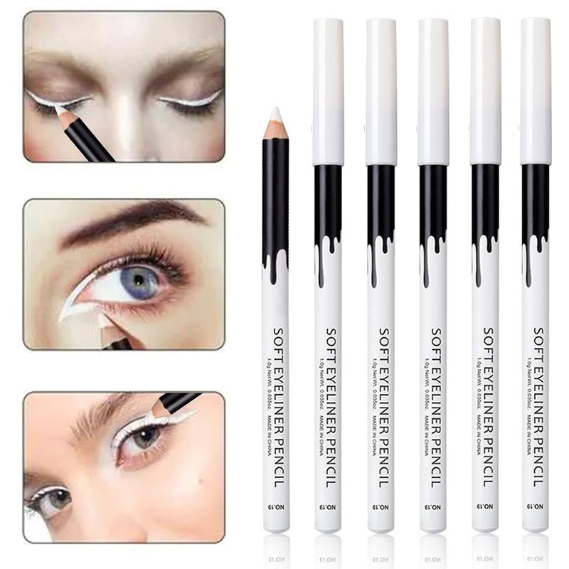 6 White Eyeliner Pencils for Professional Use as Highlighters, Soft,