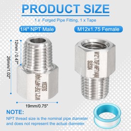 PATIKIL 304 Stainless Steel Forged Pipe Fitting, M12x1.75 Female to 1/4" NPT Thread Adapter Hex Pipe Fitting Adapter for Hose Line Connection Conversion, Silver (1.02x0.75")