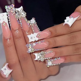 EYZOTSF Press on Nails Long Coffin Shaped Acrylic Square False Nails with Designs Artificial Extra Long Length Coffin Fake Nails with Charms Glue Stick ons Fingernails for Women Girls(XA10619)