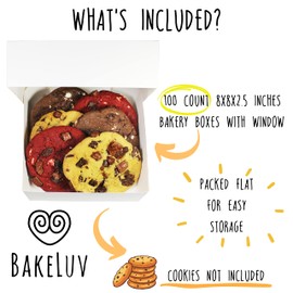 BAKELUV 8x8x2.5” White Bakery Boxes With Window | 100 Pack | Pastry Boxes with Window, Boxes for Strawberries, Dessert Boxes, Bakery Take Out Containers, 8x8 Bakery Boxes 8x8 Pastry Boxes