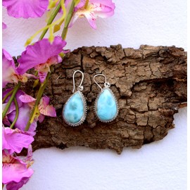 Tropfenförmige Larimar-Ohrhänger aus 925er Sterlingsilber mit Angelhaken, Schmuck aus Ozean-Edelsteinen im böhmischen Stil