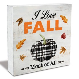 Rustic I Love Fall Most of All Wood Box Sign Fall Pumpkin Leaves Autumn Wooden Box Sign Farmhouse Home Desk Shelf Decor (5 X 5 Inch)