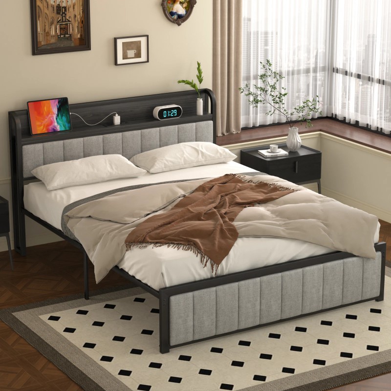 Vecelo Bed Frame with Storage Headboard Power Outlet Full Queen