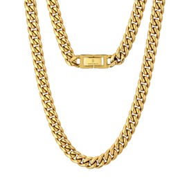 KRKC & CO Men's Curb Chain Necklace, 18K Gold Plated, Stainless Steel, Width 0.3/0.5" (8/12 mm), Thick, Hip-Hop/Rapper Accessory, Jewelry, Gift, Present, Celebrations, Birthdays, Gold Plated, No Gemstone