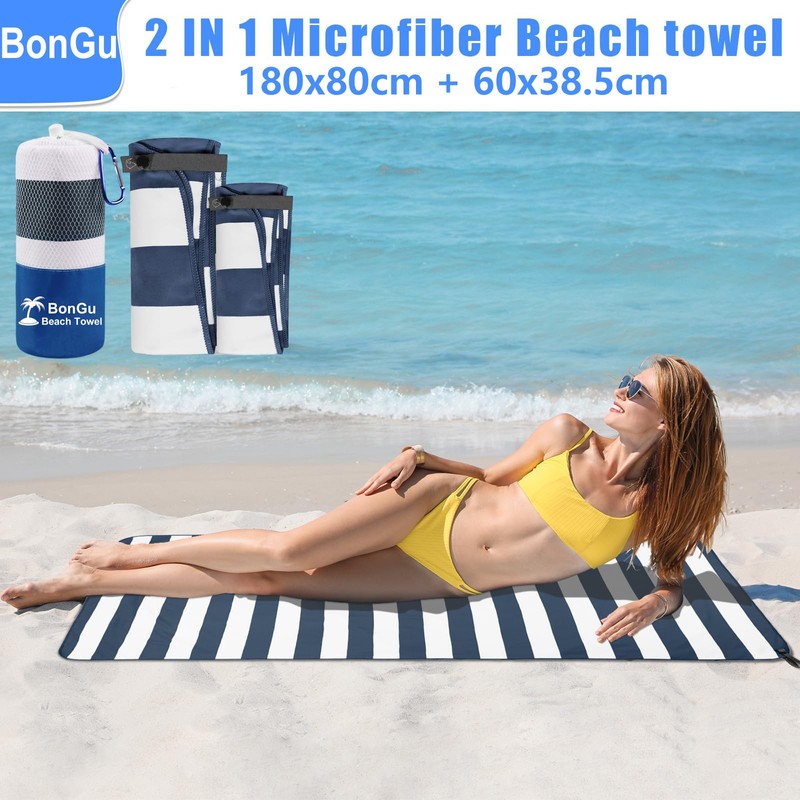 BonGu 2 Pack Beach Towel Set 180x80cm & 60x38cm Microfiber