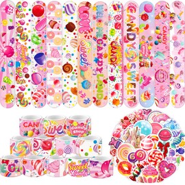 74 PCS Candyland Party Favors 50PCS Candyland Stickers 24PCS Sweet Candy Slap Bracelets Candyland Party Decorations Colorful Lollipop Candy Birthday Decorations for School Rewards Prizes Christmas