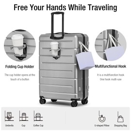 KYME Hardside Checked 30 Inch Luggage with Double Spinner Wheels,Hard Shell Large Suitcase with TSA Lock Cup Holder for Men Women,Silver