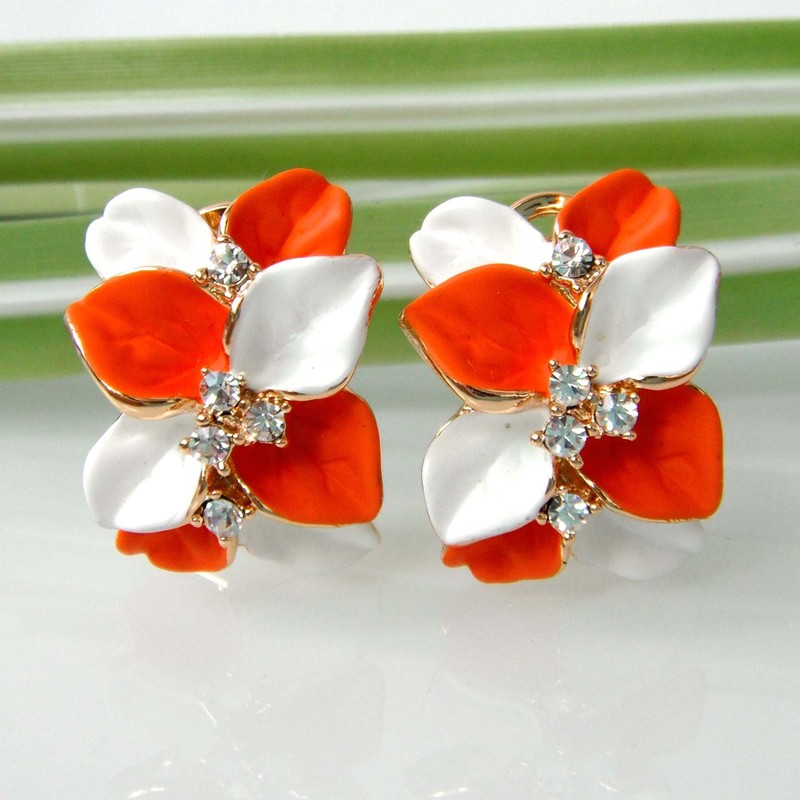 Navachi Omega Earrings Az2299e 18K Gold Plated Crystal Orange White