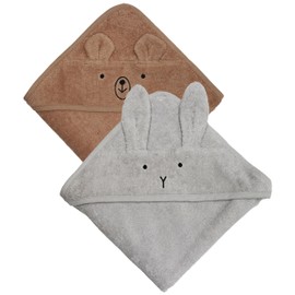 Huxie Denmark - Premium Organic Cotton Baby Bath Towel – Hooded Toddler and Baby Towels for Newborn Girl and Boy – Super Soft and Absorbent, 32 x 32-2-Pack (Towel Rabbit Pearl Grey/Bear Natural)