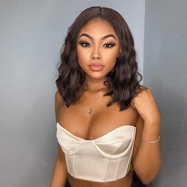 PORSMEER Small Lace Natural Brown Hair Wigs for Women Wavy Synthetic Bob Wig Shoulder Length Middle Parting Wig Natural Looking Wigs for Daily Party Use 14”