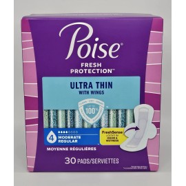 Poise Fresh Protection Women's Ultra Thin Wings Incontinence Pads 4 Drop 30 Pads
