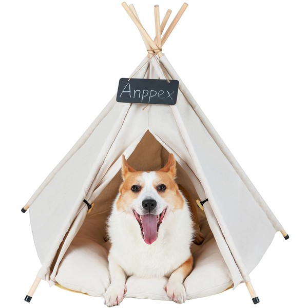 ANPPEX Dog Teepee, 28 Inch Cat Tent Teepee with Thick Cushion, Washable Pet Tent Teepee Dog Bed Cat House,White