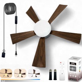 SUKIMIH Socket Fan Light, 20.5", Plug in Ceiling Fan, Gazebo Fan, Outdoor/Indoor, 16.4 Ft Cord with Hook UL Listed, Ceiling Light with Remote (Dark wood color)