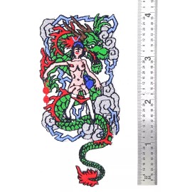 Green Dragon & Nude Girl Iron On Embroidered Patch 4"X 2 7/8"
