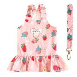PETPUBGNZS Small Dog Dress Harness and Leash Set Cute Princess Birthday Dog Dresses Soft Fruit Print Puppy Dresses Girl Dog Clothes for Small Dogs Cats Chihuahua Yorkie Shih Tzu (Pink Strawberry,L)