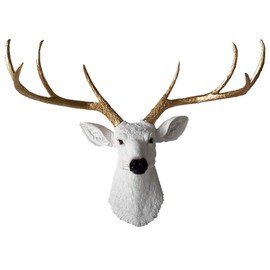 YJ Home Larger Faux Deer Head - Rustic Wall Decor Deer Antlers,Faux Taxidermy Animal Head Wall Decor - Handmade Farmhouse Decor (White haed gold antlers, 27.5''Wx20''H)