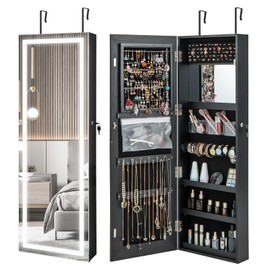 LOKO Jewelry Cabinet with Full Length Mirror, Door Wall Mounted Jewelry Armoire with 3-color LED Lights, Inside Makeup Mirror, Lockable Jewelry Organizer for Women Girls Bedroom (Black)