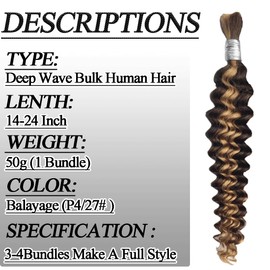 Deep Wave Bulk Human Hair For Braiding 18 Inch 50g/1 Bundle No Weft Curly Human Braiding Hair For Boho Braids 12A Wet and Wavy Boho Human Hair Balayage (50g,18inch,P4/27#）