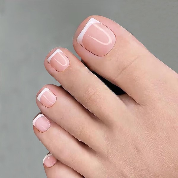 24Pcs French Tip Press on Toenails - Short Square Pink