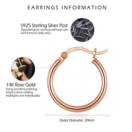 VYYU Rose Gold Hoop Earrings for Women, S925 Sterling Silver Hoops Earrings, Anti-allergic Huggie Hinged Sleeper Hypoallergenic Earrings, Jewellery Gifts Earrings Christmas Birthday Gifts, 20mm