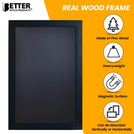 Magnetic Wall Chalkboard, Extra Large Size 20" x 30", Wood Frame, Chalkboard Sign, Vertical or Horizontal Wall Mount, Includes 4 Chalk Markers, Chalk & Eraser, by Better Office Products (Solid Black)