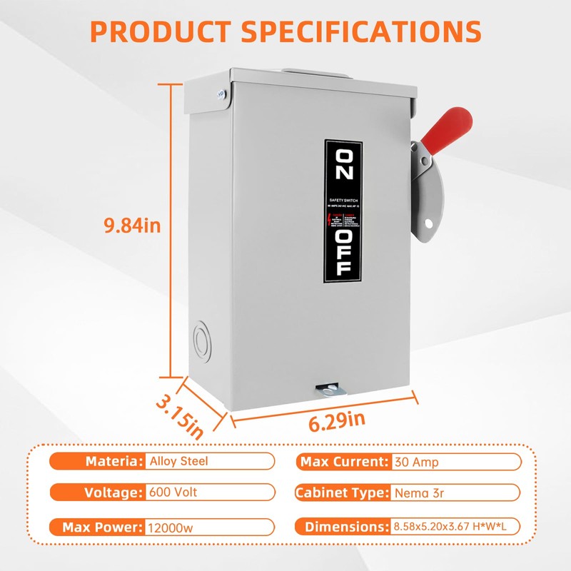 2P 30Amp Fusible Safety Switch, 120V/240V Heavy Duty Disconnect Switch,