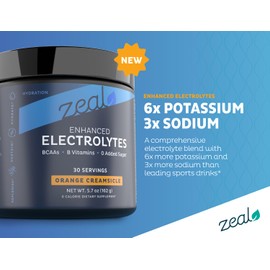 Zeal Electrolyte Powder - 30 Servings | Keto Electrolytes Powder | Zero Sugar, BCAAs, B-Vitamins | Potassium, Zinc, Magnesium | Hydration Powder Recovery Drink | Orange Creamsicle