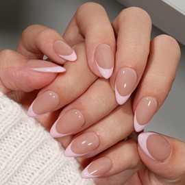 KQueenest Light Pink French Tip Press On Nails Short Almond, 30 Pcs Acrylic Press On Nails With Glue, Glossy Soft Gel Short Fake Nails Press ons, Reusable Natural Nude Glue on Nails for Women Weddings