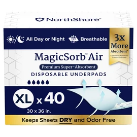 NorthShore MagicSorb Air, 30 x 36, 60 oz., Super-Absorbent Disposable Underpads, X-Large, Case/40 (4/10s)