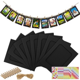 50 Pcs Paper Picture Frames 4 x 6 Inch Paper Photo Frame Cards with 12 Stickers Cardboard Picture Frames Art Frame Art Display Frame with 50 Clips and 5 Strings for DIY Wall Decor(Black)