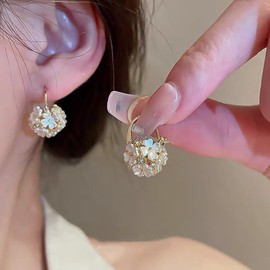 Flower Ball Earrings Crystal Flower Earrings for Women Ladies Hypoallergenic Dainty Fashion Birthday Jewelry Gift (gold)