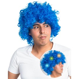 JAIRE - Peluca Afro Rizada Azul con Luces LED para Niños y Adultos, Disfraz Unisex, Pelucas de Colores para Fiesta, Pelucas Ideales para Eventos Nocturnos, Cosplay, Disfraz y Luces para Fiesta (Azul)
